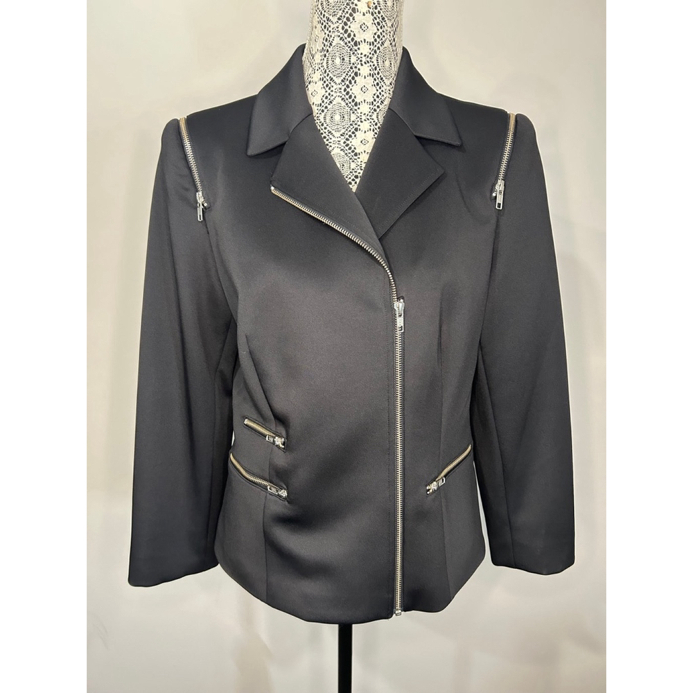 Simon Chang black motorcycle jacket with zipper details sz 10